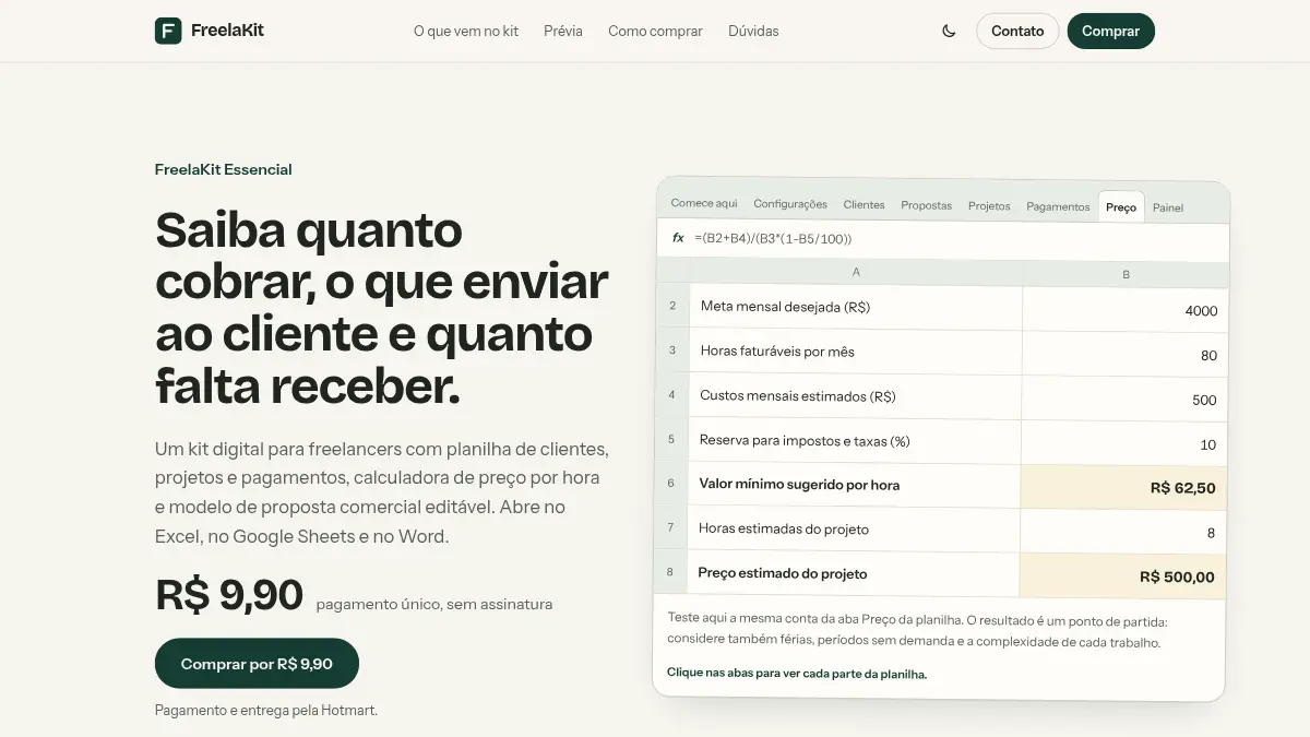 Topo da landing com a réplica interativa da planilha ao lado do texto de venda