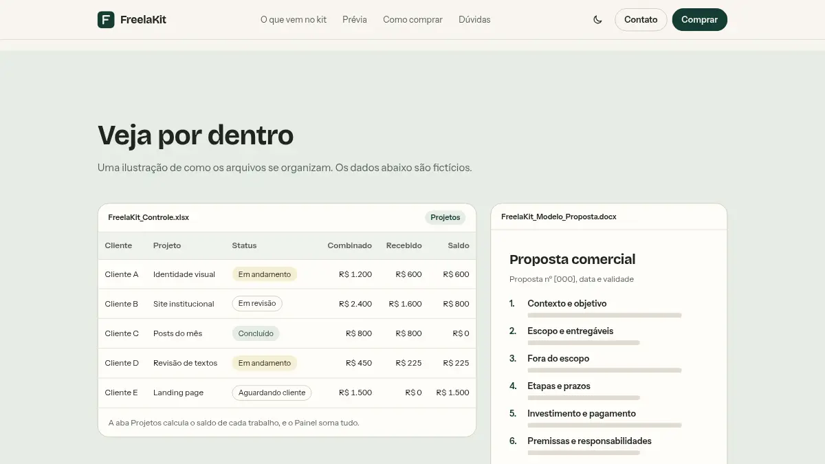 Prévia da planilha de projetos e do modelo de proposta