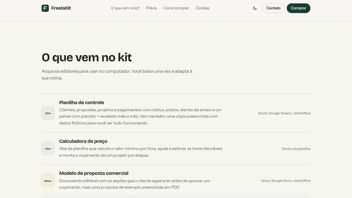 Seção com os cinco arquivos que vêm no kit